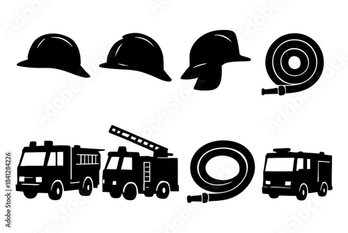 Silhouette icons of firefighting equipment including helmets, trucks, and hose.