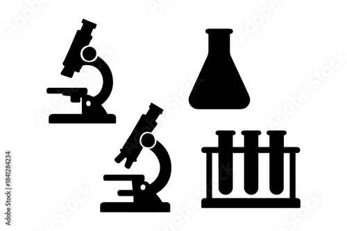 Black silhouettes of microscopes, flask, and test tubes for science and lab themes.