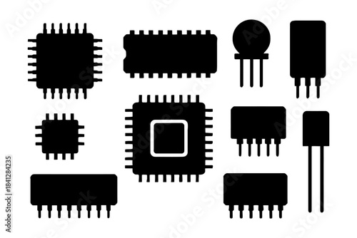 Various electronic microchips and transistors silhouette design.