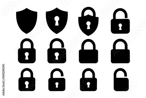 Variety of black padlock and shield icons representing security and protection.