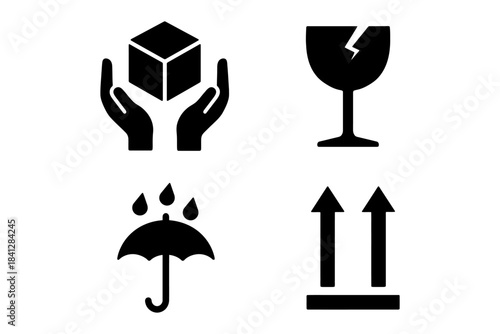 Black symbols: fragile glass, umbrella, hands holding cube, up arrows.