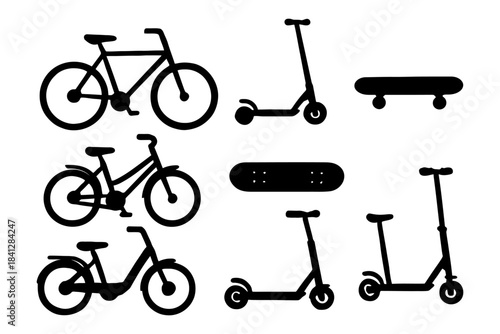 Silhouette collection of bicycles, scooters, and skateboards.