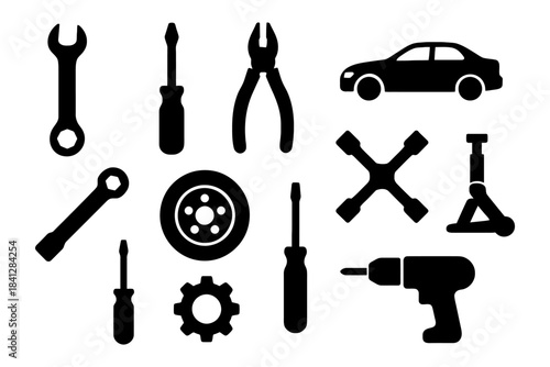 Silhouette set of automotive tools and car parts.