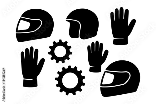 Motorcycle gear icons: helmets, gloves, gears on white background.