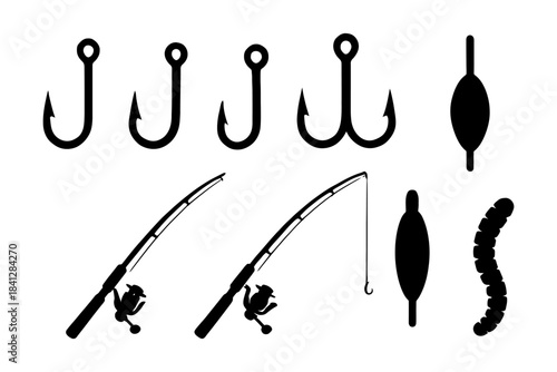 Silhouette fishing gear: hooks, rods, floats, lures, worms for angling.