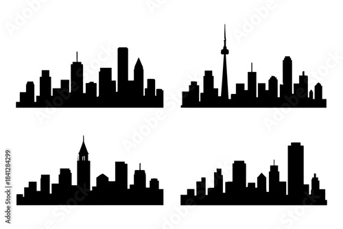 Four iconic city skylines silhouette collection in black and white.