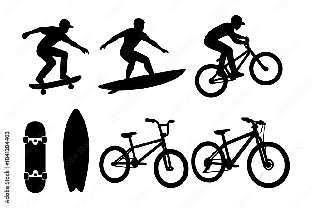 Naklejka premium Silhouettes of extreme sports enthusiasts: skateboarding, surfing, bmx.