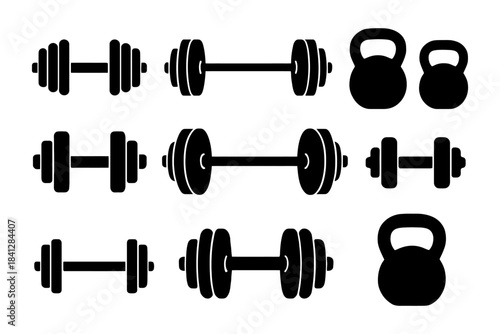 Black silhouettes of dumbbells and kettlebells in various sizes and styles.