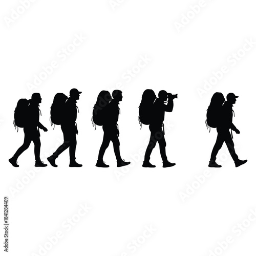 Silhouettes of people walking with backpacks depicting a journey or expedition