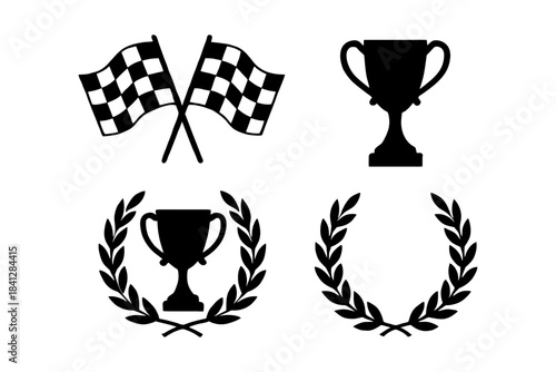 Racing symbols: checkered flags, trophies, laurel wreaths.