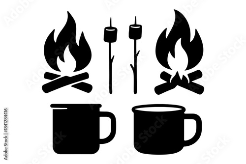 Campfire elements: flames, marshmallows, mugs silhouette collection.