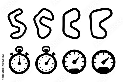 Race track outlines and timing icons set for motorsport analytics.
