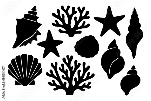 Silhouette collection of seashells and marine life elements.