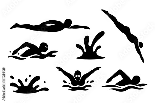 Silhouette swimming illustrations: swimmer poses and water splashes.
