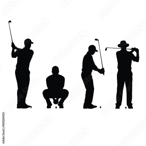 Silhouettes of golfers in different stages of a golf swing against white
