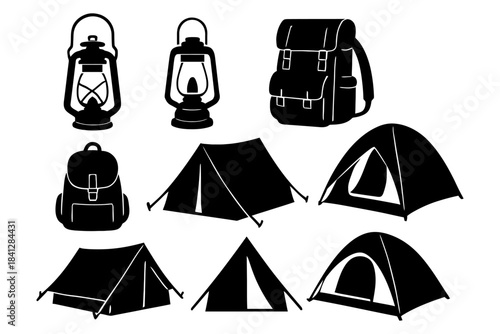 Camping gear silhouettes: tents, lanterns, backpacks in black and white.
