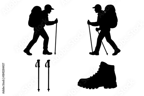 Silhouettes of hikers with gear and hiking boot illustration.