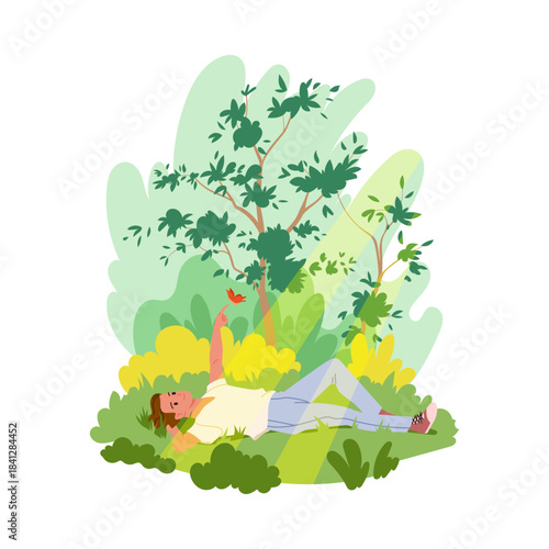 Person lying on grass enjoying peaceful outdoor environment with butterfly and lush greenery vector illustration
