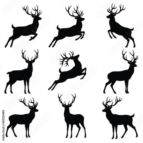 Silhouette collection of leaping and standing deer in various poses