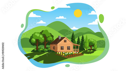 A picturesque illustration of a cozy house with a garden surrounded by lush green trees and rolling hills under a sunny blue sky.