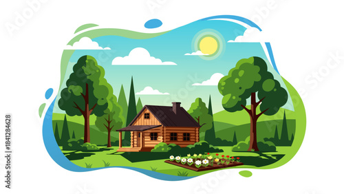 A charming wooden house nestled in a lush green landscape with a vegetable garden and mature trees under a bright sunny sky.
