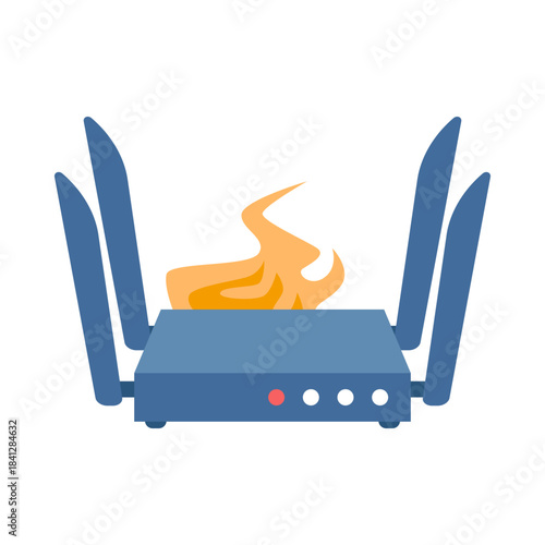 Isolated broken wireless router overheating and catching fire, symbolizing electronic equipment malfunction vector illustration