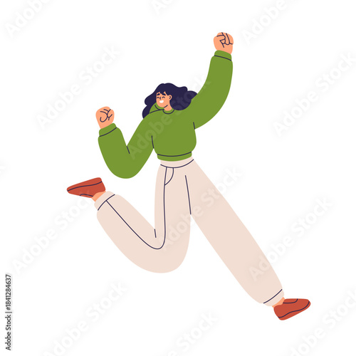 Happy excited girl jumping with fists up. Joyful young female smiling, celebrating. Energetic active person exulting. Joy emotion, expression. Flat vector illustration isolated on white background