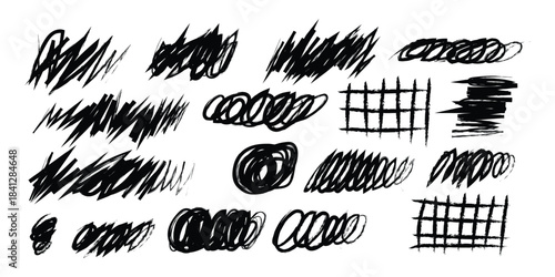 Black hand drawn grunge brush strokes scribbles and abstract messy texture elements. Childish crayon drawing symbol. vector illustration.