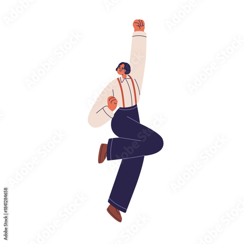 Happy office worker jumping with arm, hand, fist up. Excited joyful smiling employee celebrating achievement in energetic pose, cheerful emotion. Flat vector illustration isolated on white background