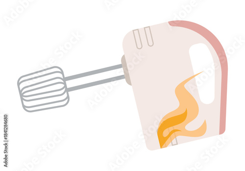 Hand mixer with visible flames showing electrical malfunction, representing broken electronic equipment and appliance failure, isolated on white background vector illustration