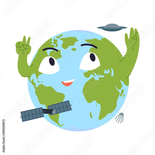 Happy cartoon planet Earth with arms, satellite, UFO, and space debris on isolated background vector illustration