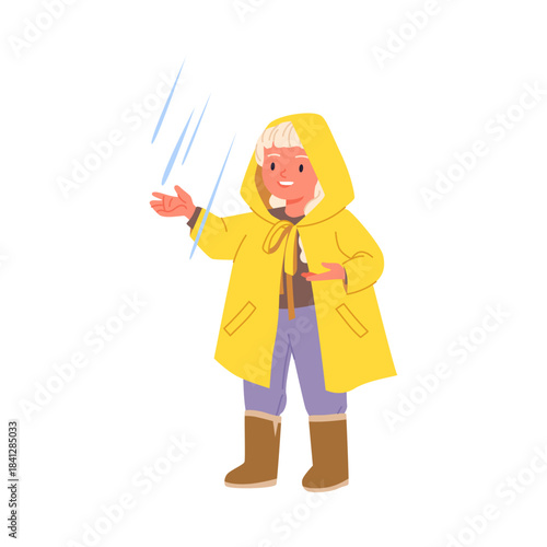 Smiling child in yellow raincoat catching raindrops isolated on white background vector illustration