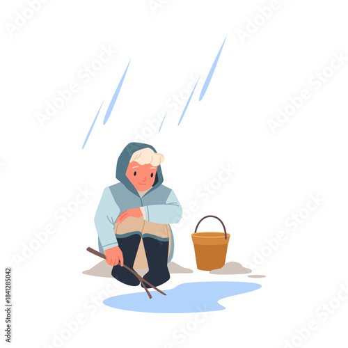 Young child in raincoat sitting by puddle, playing with stick and bucket under rainfall, outdoor activity, childhood fun, isolated on white background vector illustration