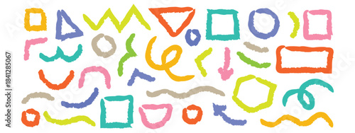 Colorful abstract hand drawn doodle shapes, squares, circles, triangles, wavy lines and brush strokes. Basic primary shapes symbol. vector illustration.