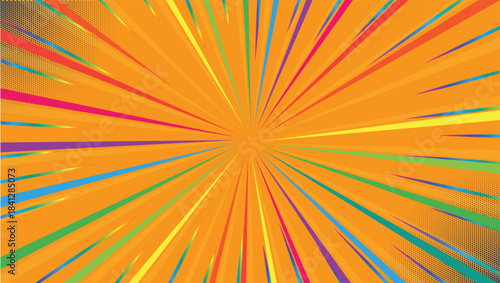 Vibrant Comic Book Pop Art Sunburst Radial Background vector. Rainbow sunburst background