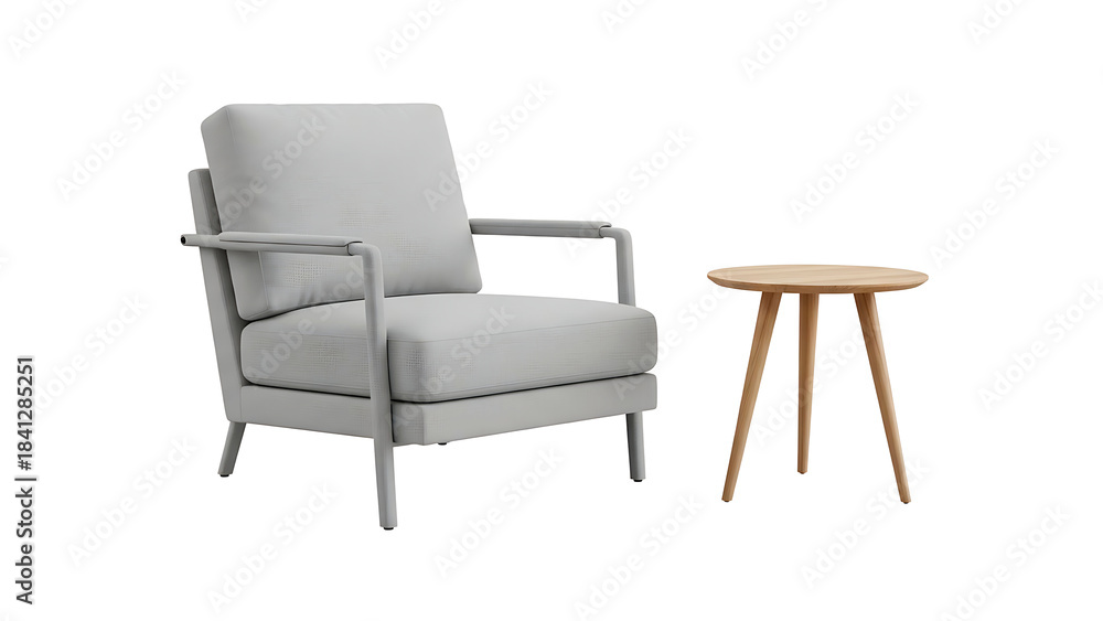 Obraz premium ia generated. Light gray upholstered armchair with wooden side table isolated on transparent background