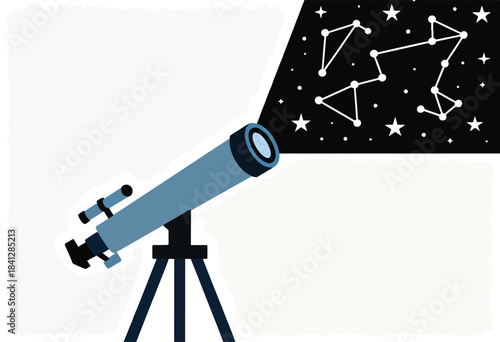 Blue telescope points at a projection of star constellations and galaxies