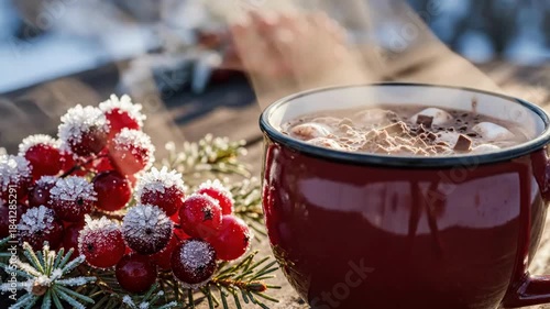 Festive hot chocolate surrounded by holiday decorations and berries