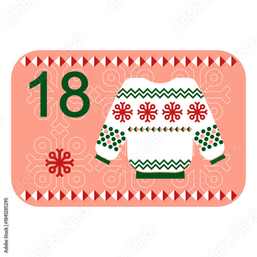 Red, green and pink Norwegian advent calendar illustration in flat vector style with celebrate symbol and ethnic ornament. Sweater