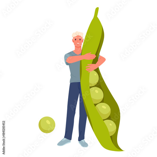 Cartoon man holding oversized green bean pod on white background, isolated vector illustration