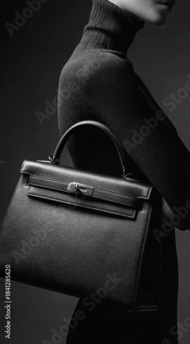 Elegant woman in black holding luxury leather handbag, stylish fashion concept.