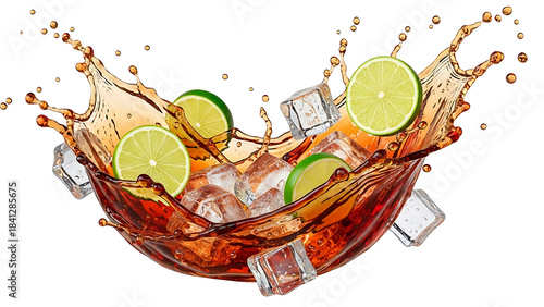 IA generated. Dynamic splash of cola or iced tea with lime slices and ice cubes. Refreshing brown liquid explosion isolated on white background, perfect for beverage advertising and summer drinks.