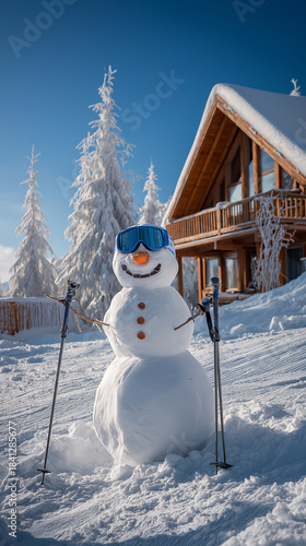 Snowman with ski equipment on a ski piste