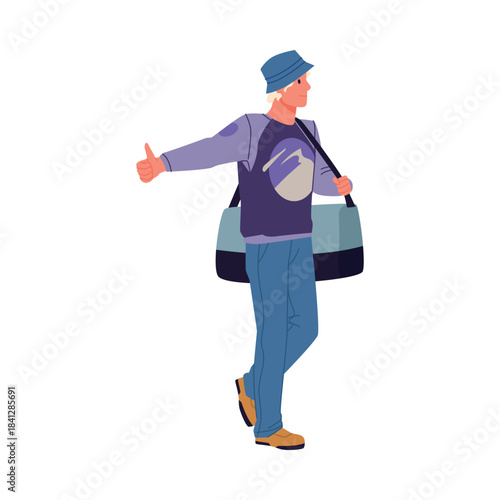 Casual young man hitchhiking with duffel bag isolated on white background vector illustration