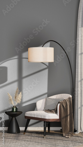 Vertical Mockup: Stylish Interior with Empty Grey Wall, Accent Chair, Round Rug, and Pampas Grass | Transparent Background