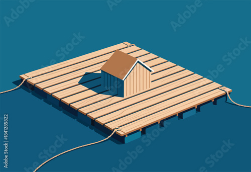 A wooden cabin rests on a floating wooden platform in the middle of calm blue water