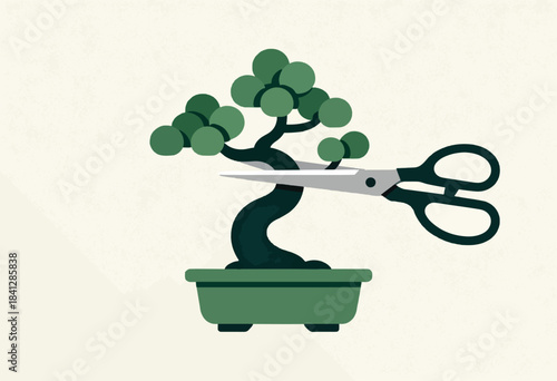 Stylized bonsai tree being pruned with scissors