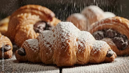 Close-up of freshly baked chocolate croissants with powdered sugar and water drizzle