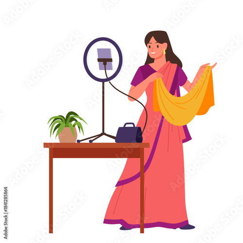 Indian woman blogger in red saree standing at ring light and smartphone on stand to make content for fashion blog. Young beautiful female character in traditional dress cartoon vector illustration