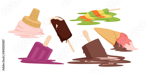 Fallen ice cream set. Sweet melted takeout gelato in waffle cone and bitten chocolate popsicle, fruit lollipop dropped, dessert from summer menu collection fell on floor cartoon vector illustration